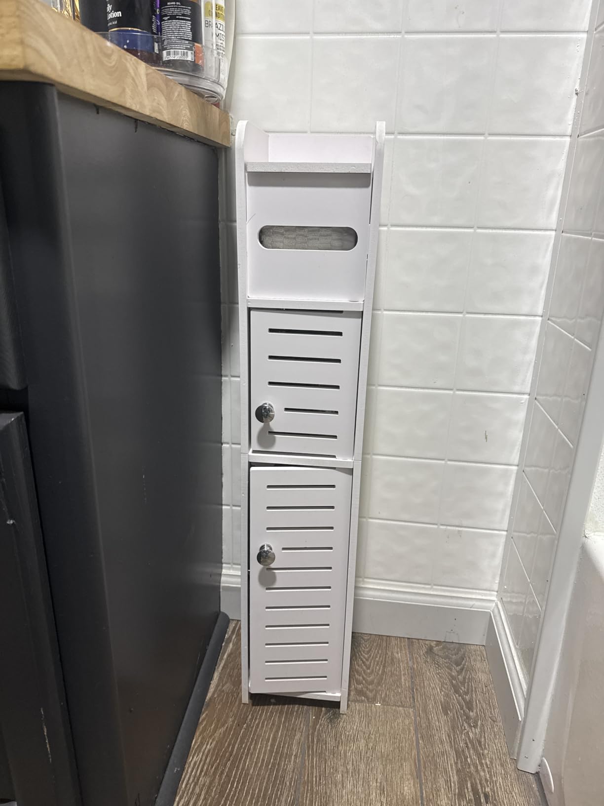 TuoxinEM Storage Cabinet for Small Spaces, Over The Toilet Cabinet for Skinny Bathroom Storage Corner Floor, Slim Paper Holder with 2 Doors & Shelves (White) customer photo 2