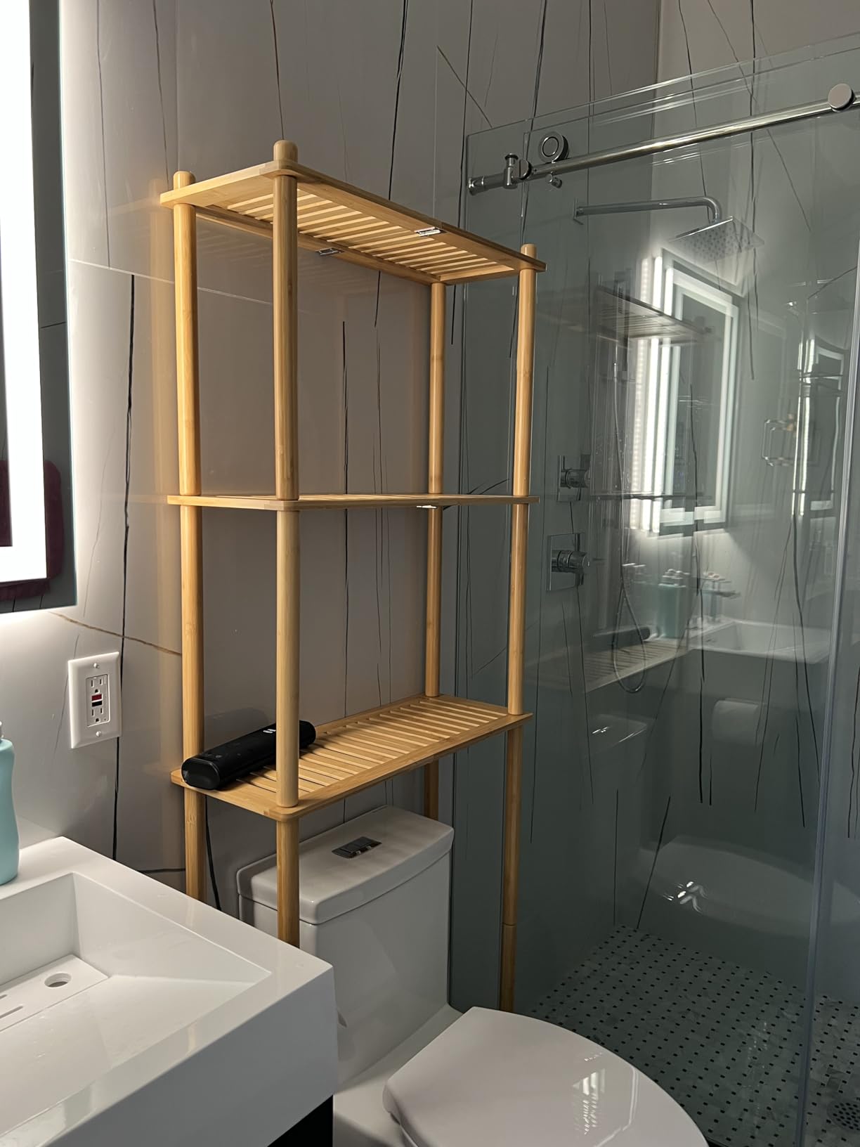 AmazerBath Bamboo Over The Toilet Storage Shelf, 3-Tier Bathroom Over Toilet Organizer Rack, Freestanding Above Toilet Shelf for Bathroom, Laundry, Space Saver, Natural Color customer photo 1