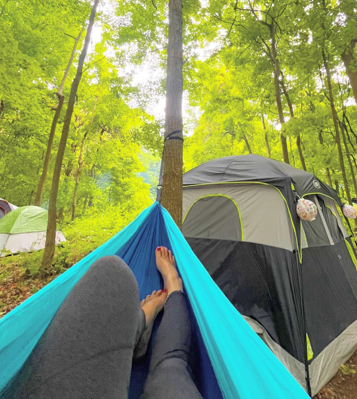 Durable Hammock 400 lb Capacity, Nylon Camping Hammock Chair - Double or Single Sizes w/Tree Straps and Attached Carry Bag - Portable for Travel/Backpacking/Beach/Backyard (Medium, Blue & Light Blue) customer photo 1