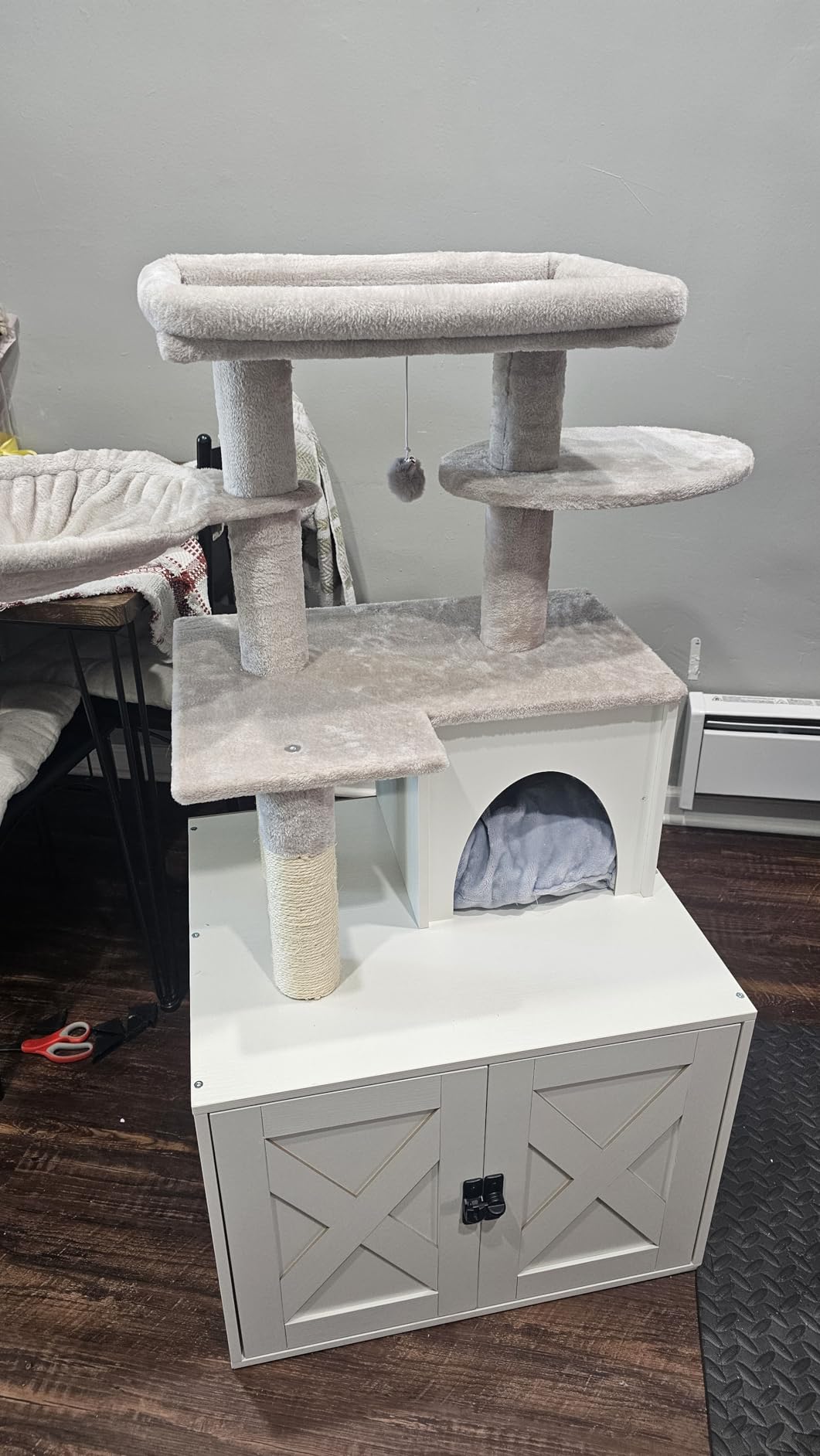 Snughome Cat Litter Box Enclosure with Tree Tower and Condo, Hidden Washroom Furniture with Sisal Scratching Post and Soft Plush Perch, Wooden Cat Furniture with Multiple Platforms, Grey customer photo 2