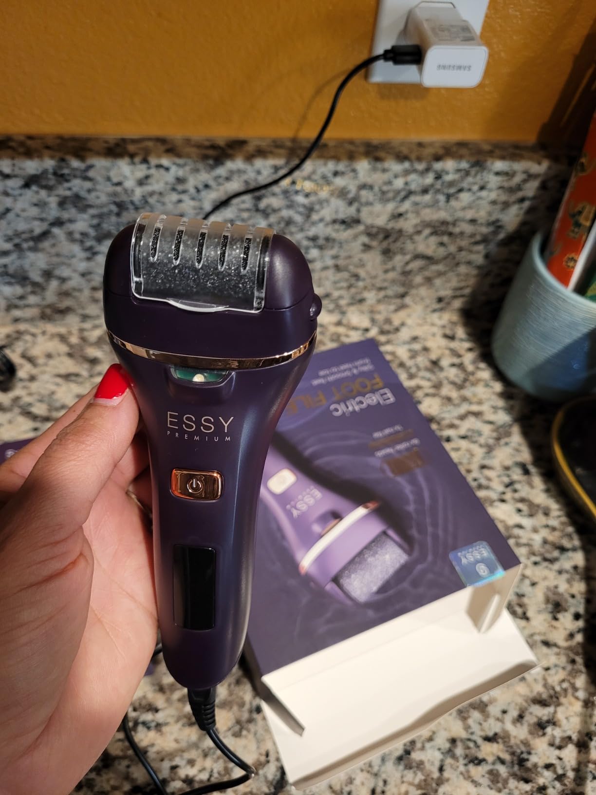 Essy Electric Foot File Hard Skin Remover with 5 Replacement Rollers Foot File Electric Pedicure Sets Cutters Accessories for Dry Dead Hard Skin Feet Callus Remover for Feet Care Exfoliator (Purple) customer photo 2