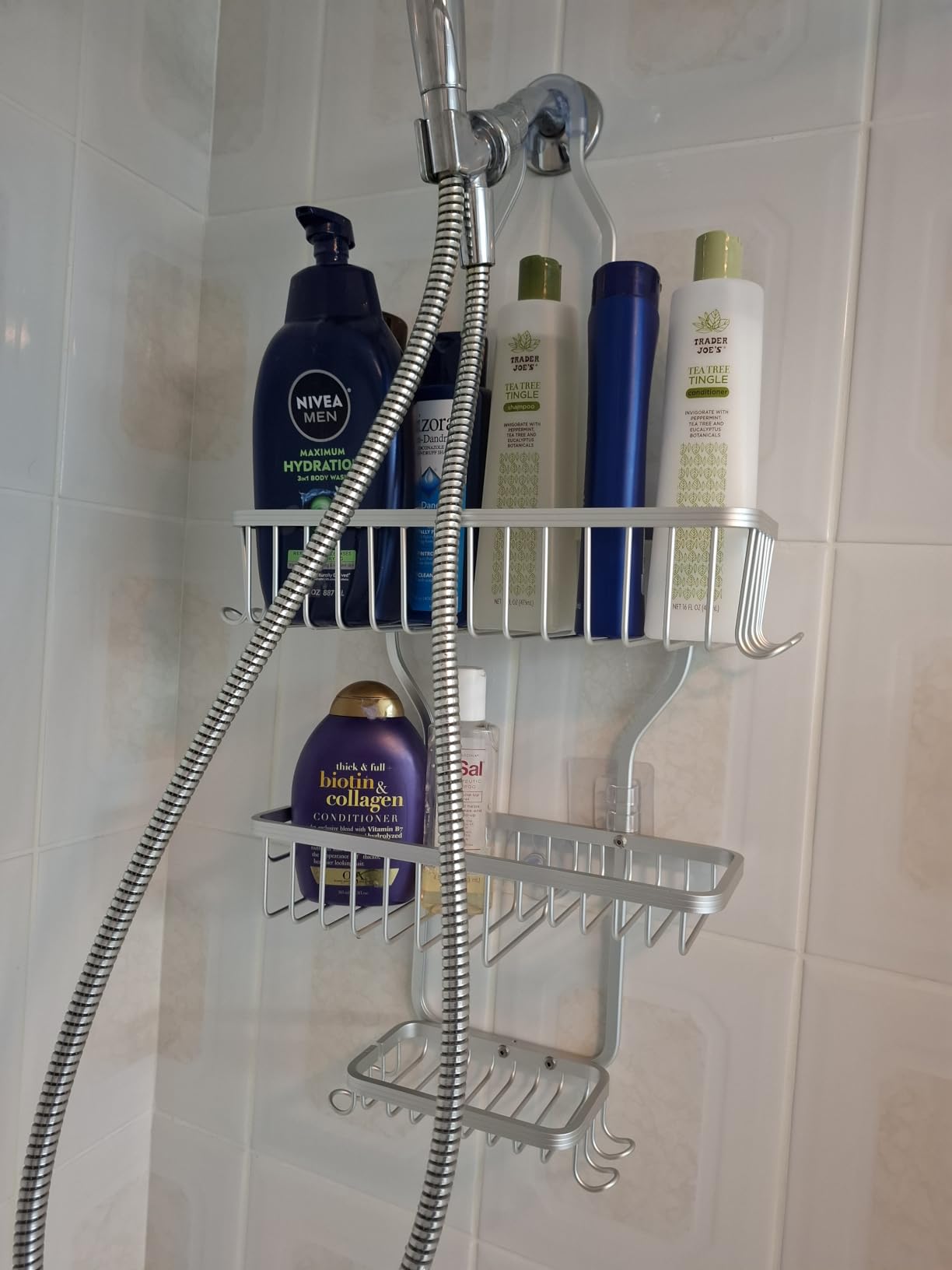 YASONIC Never Rust Shower Caddy Hanging, Aluminum Shower Racks for Inside Shower, 3-Tier Shower Organizer Hanging Over Shower Head with Hooks and Soap Holder, Silver customer photo 1