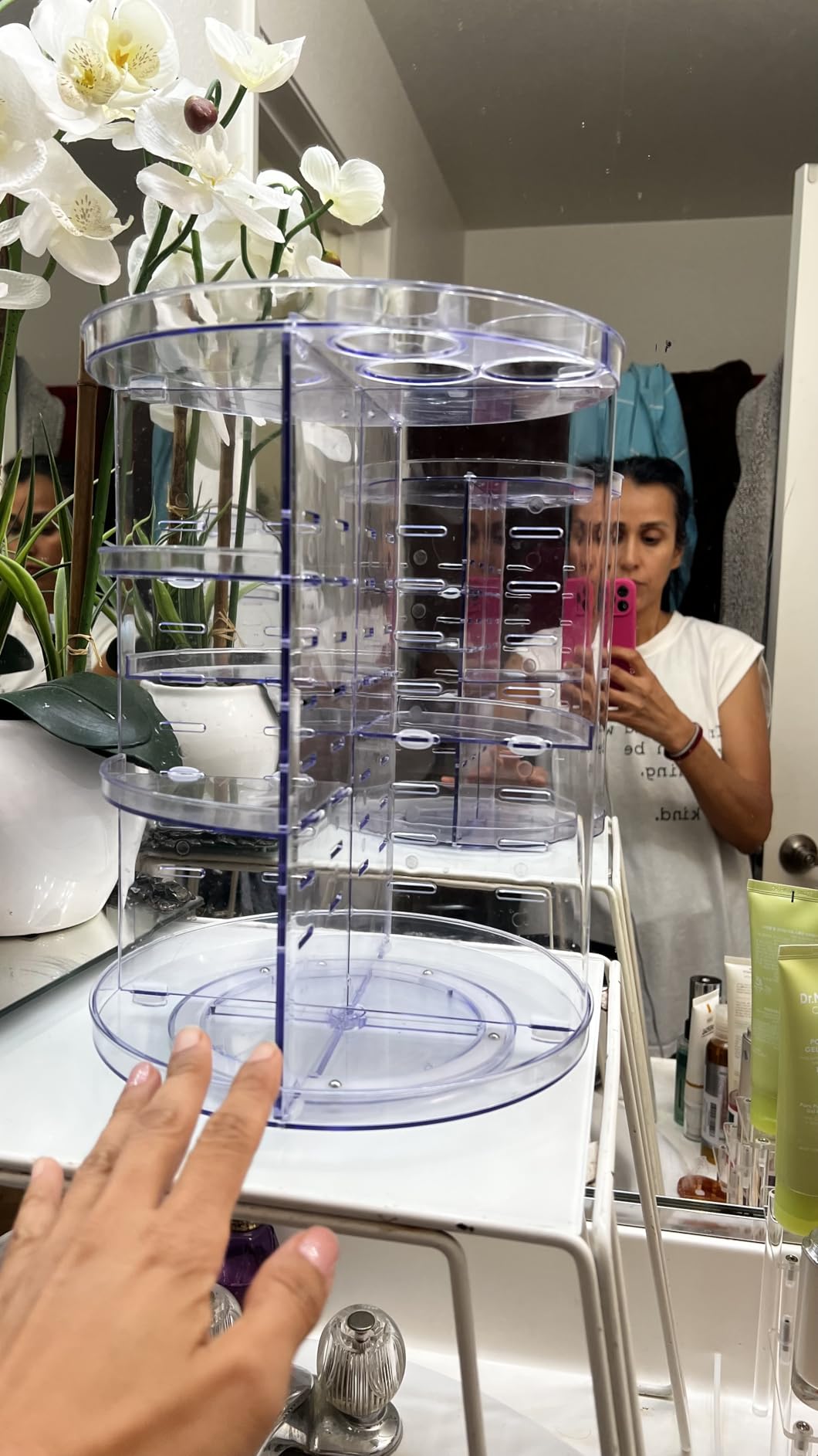 Rotating Makeup Organizer, DIY 8 Adjustable Layers Spinning Skincare Storage, Cosmetic Display Case with Brush Holder and Perfume Tray, Multi-Function Vanity Bathroom Countertop Organizer Clear customer photo 2