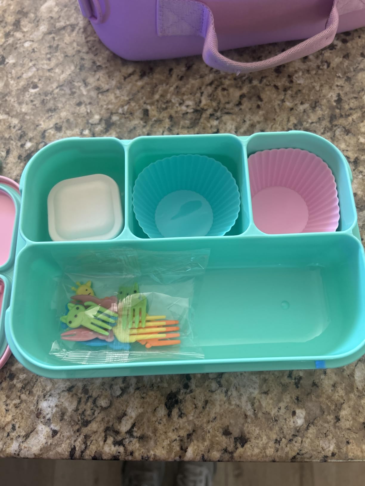 QQKO Bento Lunch Box for Kids Girls Boys, Toddler Kids Lunch Boxes for School, Lunch Containers for Adults with 4 Compartments, Sauce Container, Utensils, Food Picks and Muffin Cups, Purple customer photo 1