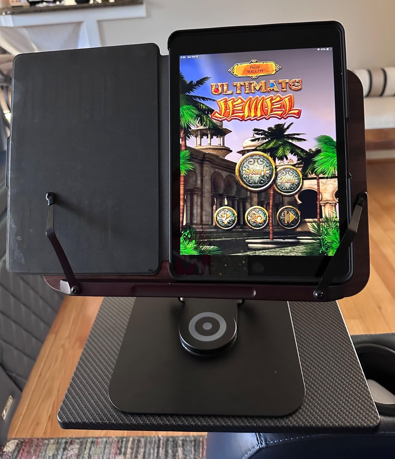 Tounee Book Stand for Reading, Adjustable Book Holder with 360° Swivel Base, Foldable Cookbook Stand Recipe Book Holder with Elastic Page Clips for Music Scores, Recipe, Tablet, Laptop-Gray customer photo 2