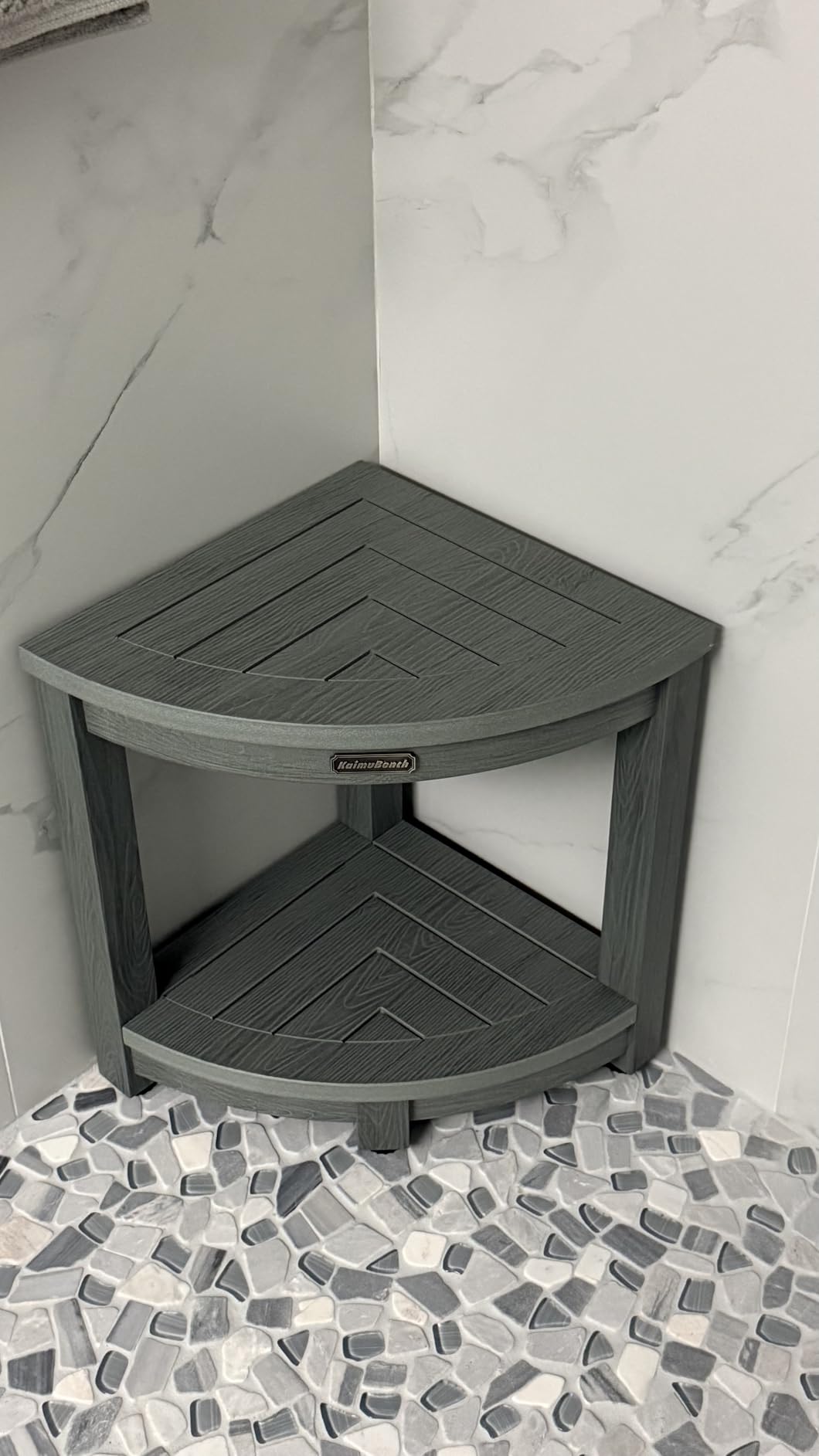 KaimuBench Corner Shower Stool for Shaving Leg, Waterproof Bathroom Shower Bench Seat for Inside Shower, Poly Lumber Plastic Shower Chair Seat, Shower Foot Rest with Adjustable Feet, Non-Slip, Brown customer photo 2