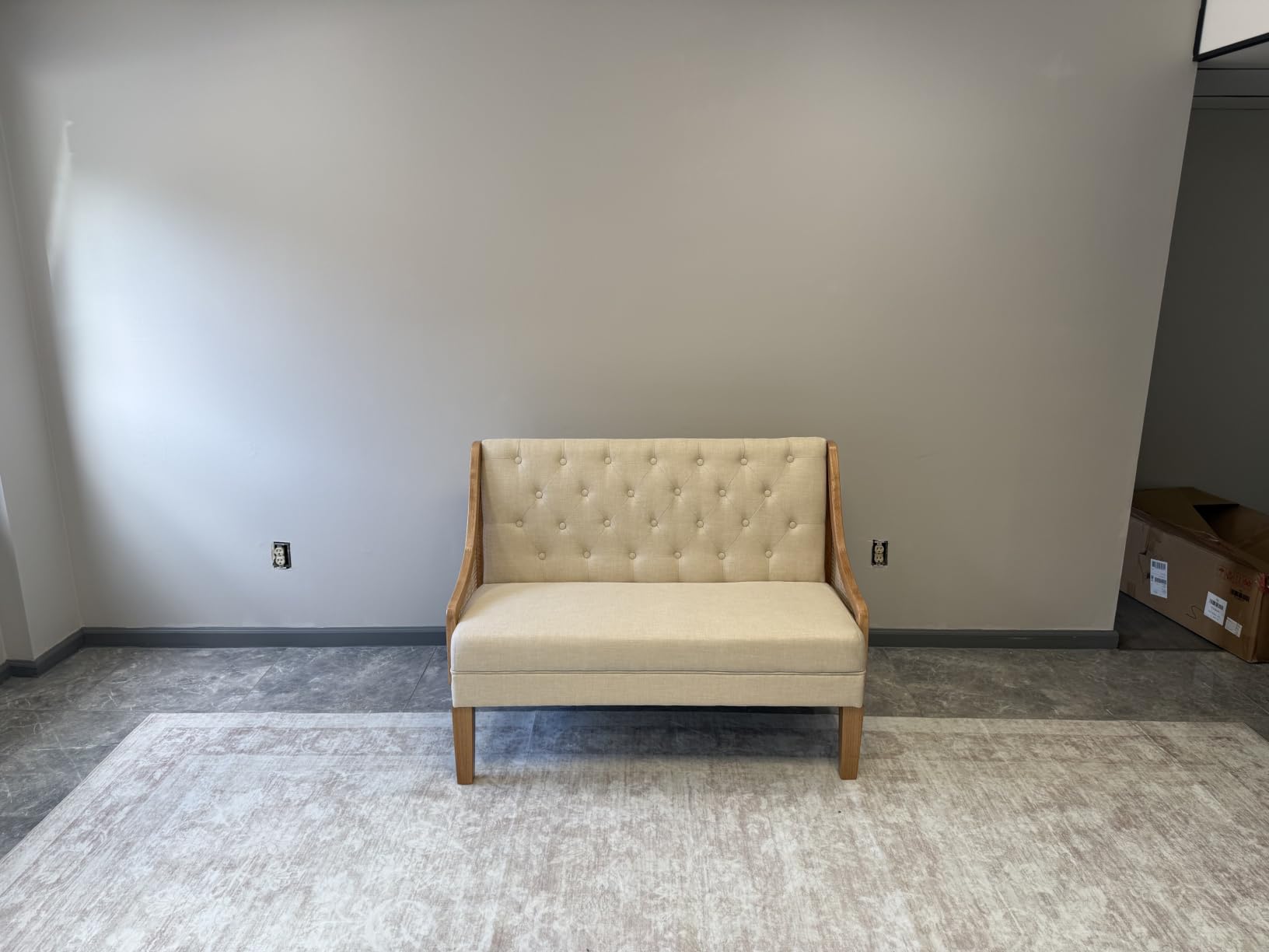 Upholstered Settee Bench Small Loveseat Sofa Rattan Dining Bench with Back Banquette Seating for Kitchen Dining Room Living Room Button Tufted Mini Couch Grey customer photo 2