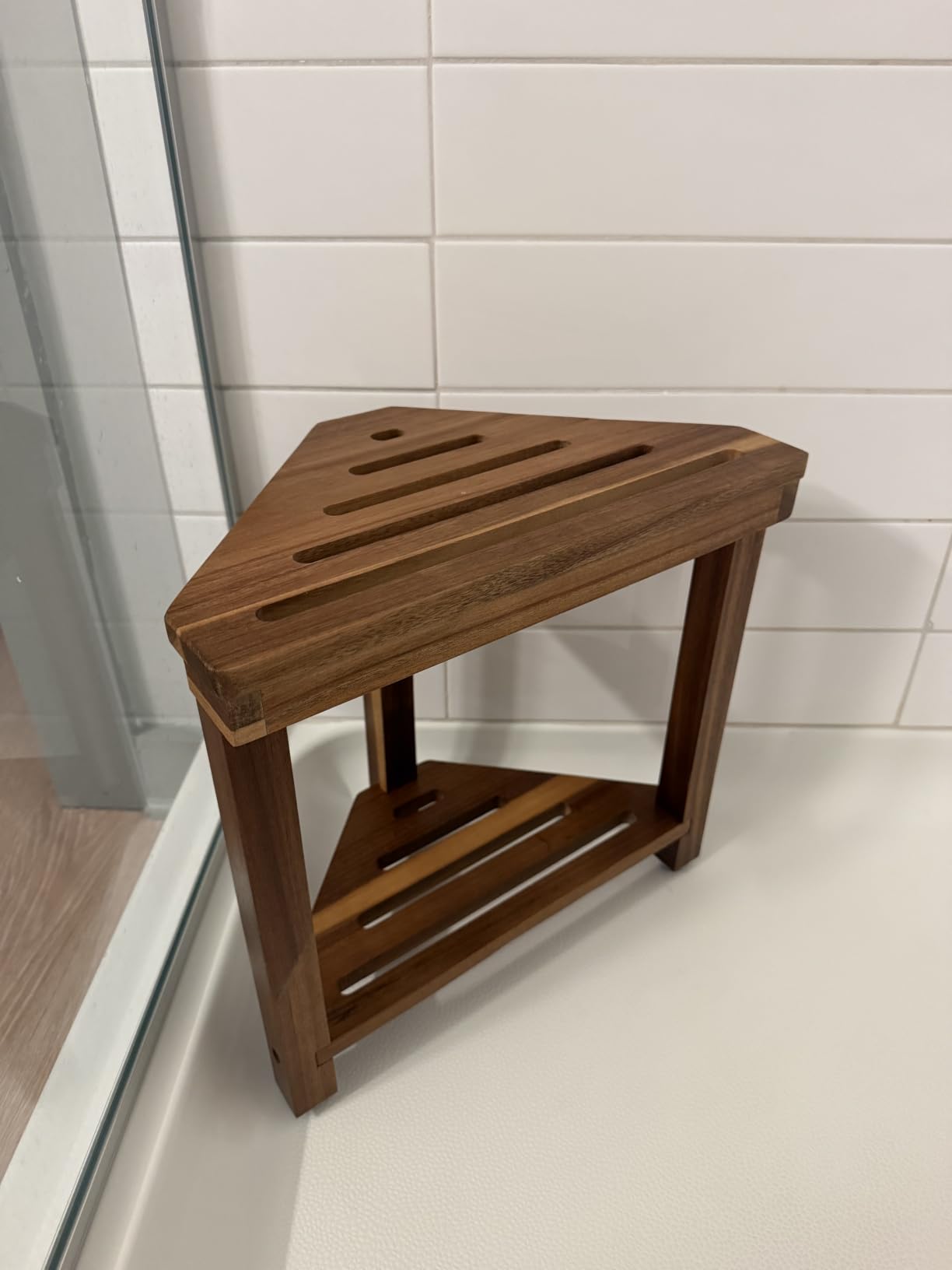 Boulphia Shower Foot Rest 14in, Acacia Wood Shower Stool for Shaving Legs, Waterproof Corner Shower Stool with Storage Shelf for Inside Small Shower Spaces, Wood Color customer photo 1