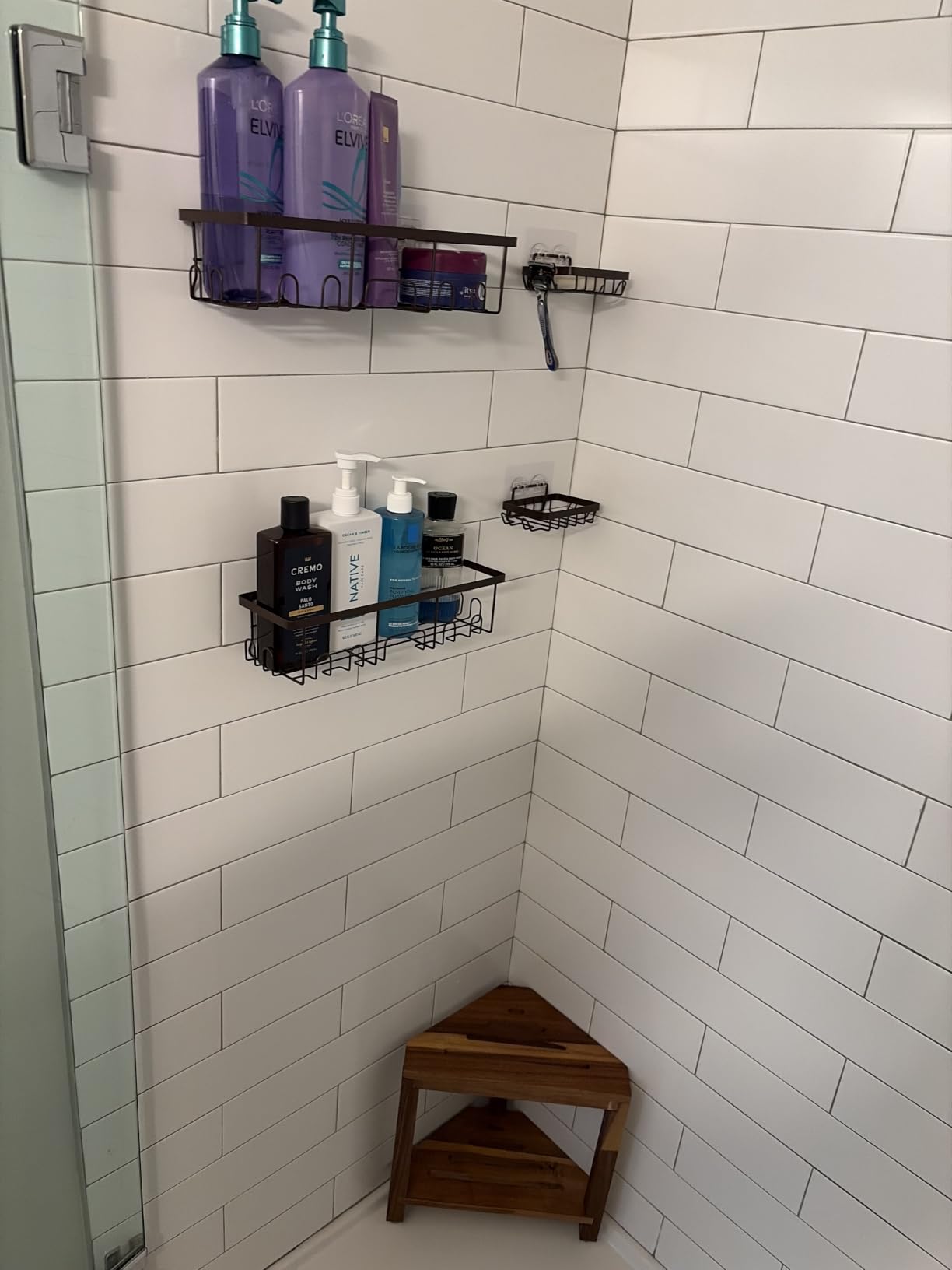 IBosins Corner Shower Stool 14in Small Bench Storage Shelf Natural Finish customer photo 1