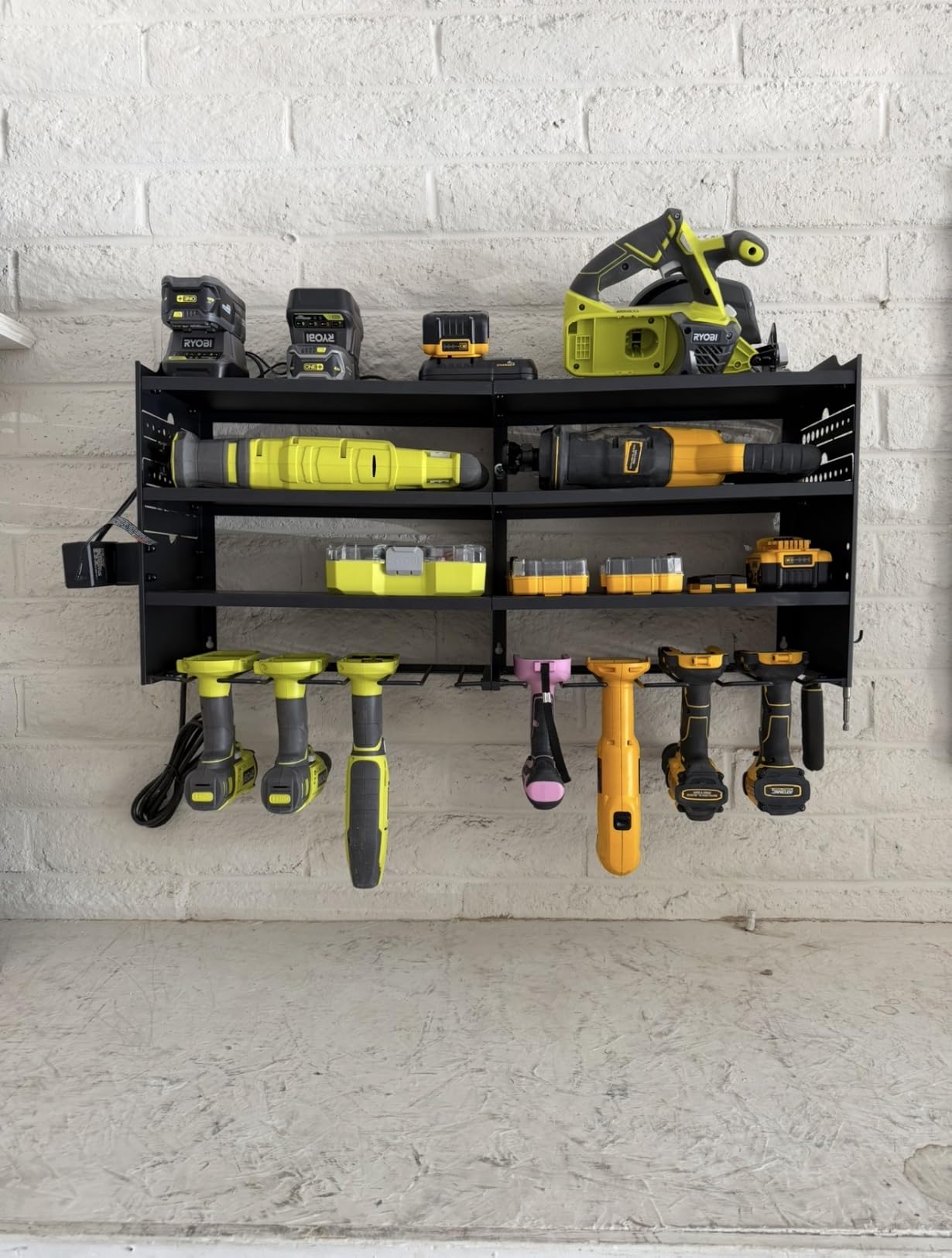 POKIPO Large Power Tool Organizer Wall Mount with Charging Station,4 Layer Heavy Duty Metal Tool Storage Rack Loads 600lbs with 8 Cordless Drill Holder,Battery Utility Rack Loads with 4 Power Strip customer photo 1