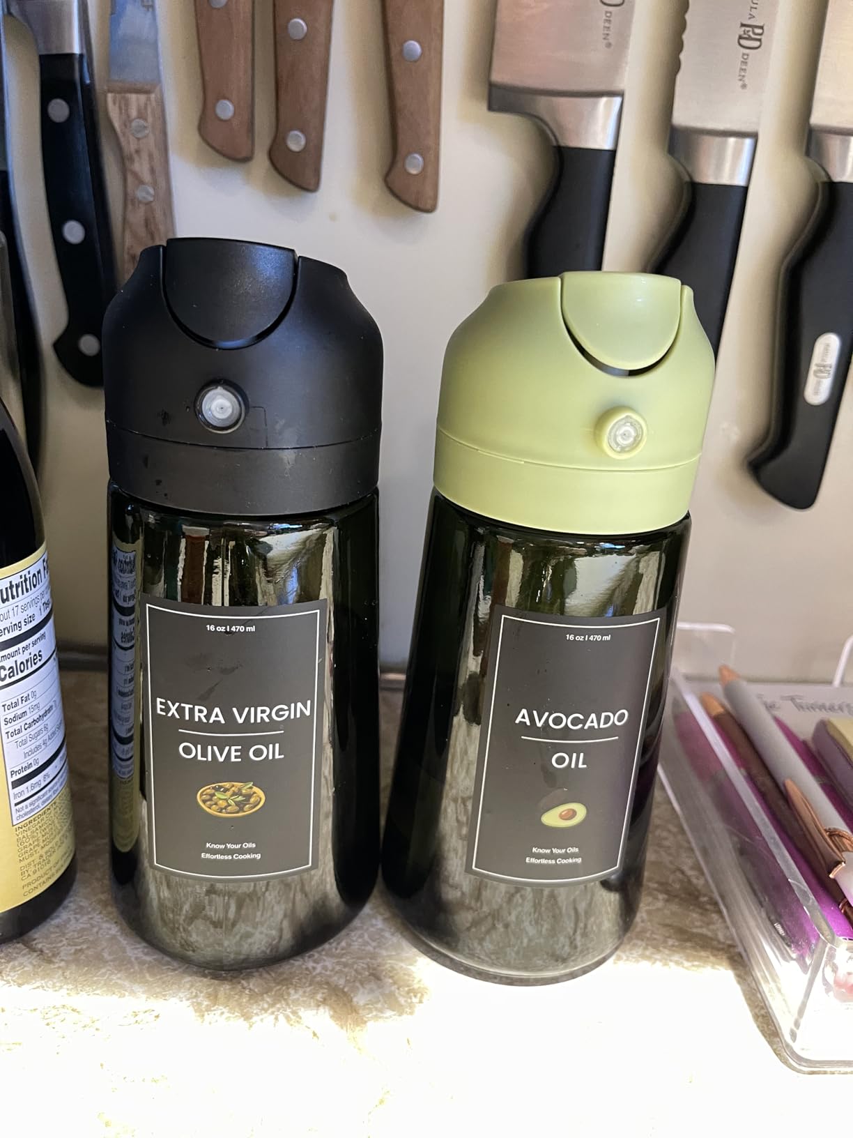 CXINYI - 16oz/470ml Olive Oil Dispenser for Kitchen with Stickers - 2 in 1 Olive Oil Sprayer for Cooking, Air Fryer, and Salad, Black&Green (Light-Proof Kitchen Gadget) customer photo 2