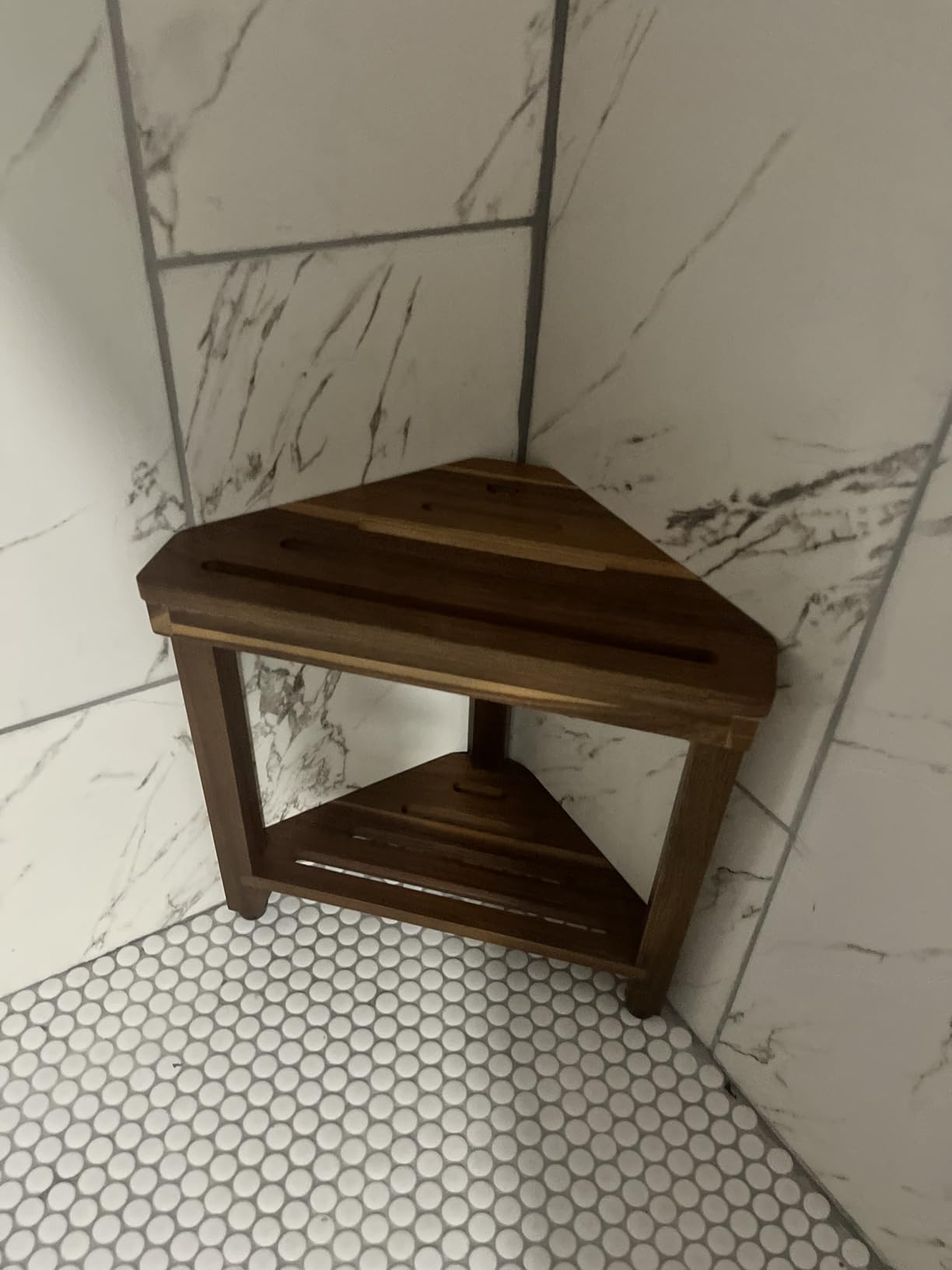 Shower Foot Rest 15 in, Acacia Shower Stool for Shaving Legs,Corner Bath Shower Bench with Starage Shelf for Inside Small Shower Spaces customer photo 2