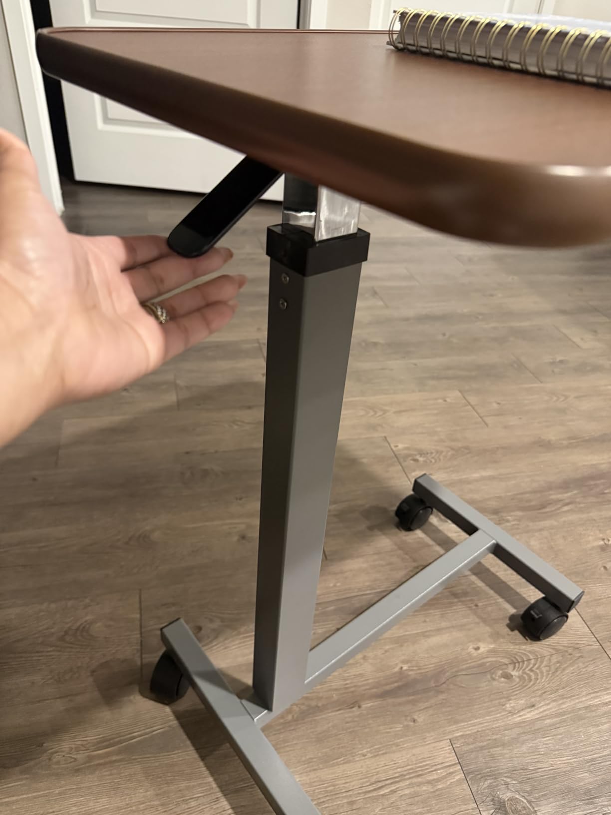 WOTURE Pneumatic Adjustable Overbed Bedside Table with Wheels - Hospital & Home Use, Medical Bed Table, Mobile Standing Desk, Rolling Laptop Cart, Non Tilt Surface(23.6