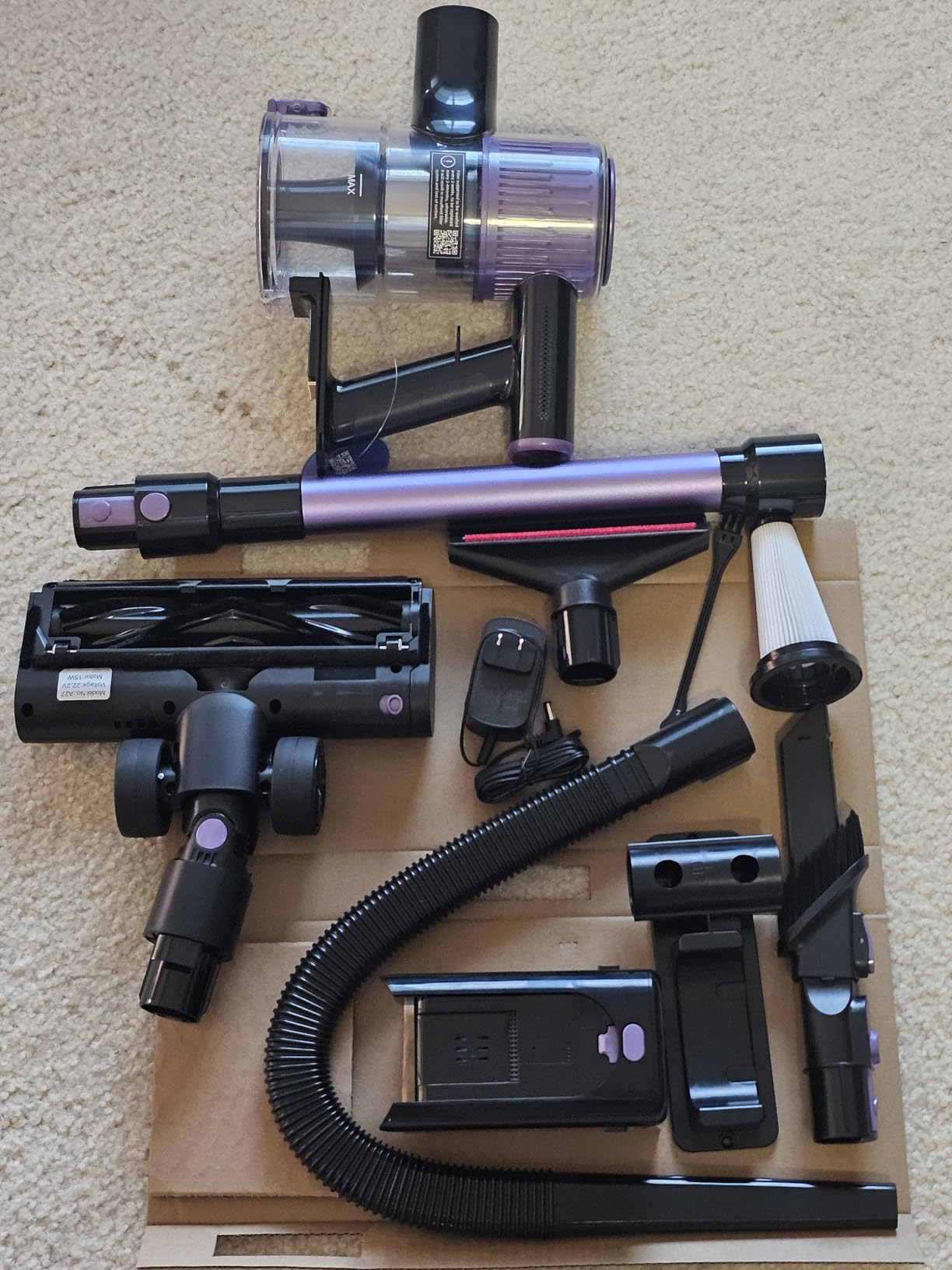 Cordless Vacuum Cleaner, 10 in 1 Stick Vacuum with Powerful Suction, Hose, Green LED Light, Anti-Tangle Brush, Lightweight Rechargeable Vacuum Cleaner for Home, Hardwood Floors,Pet Hair (Purple) customer photo 2