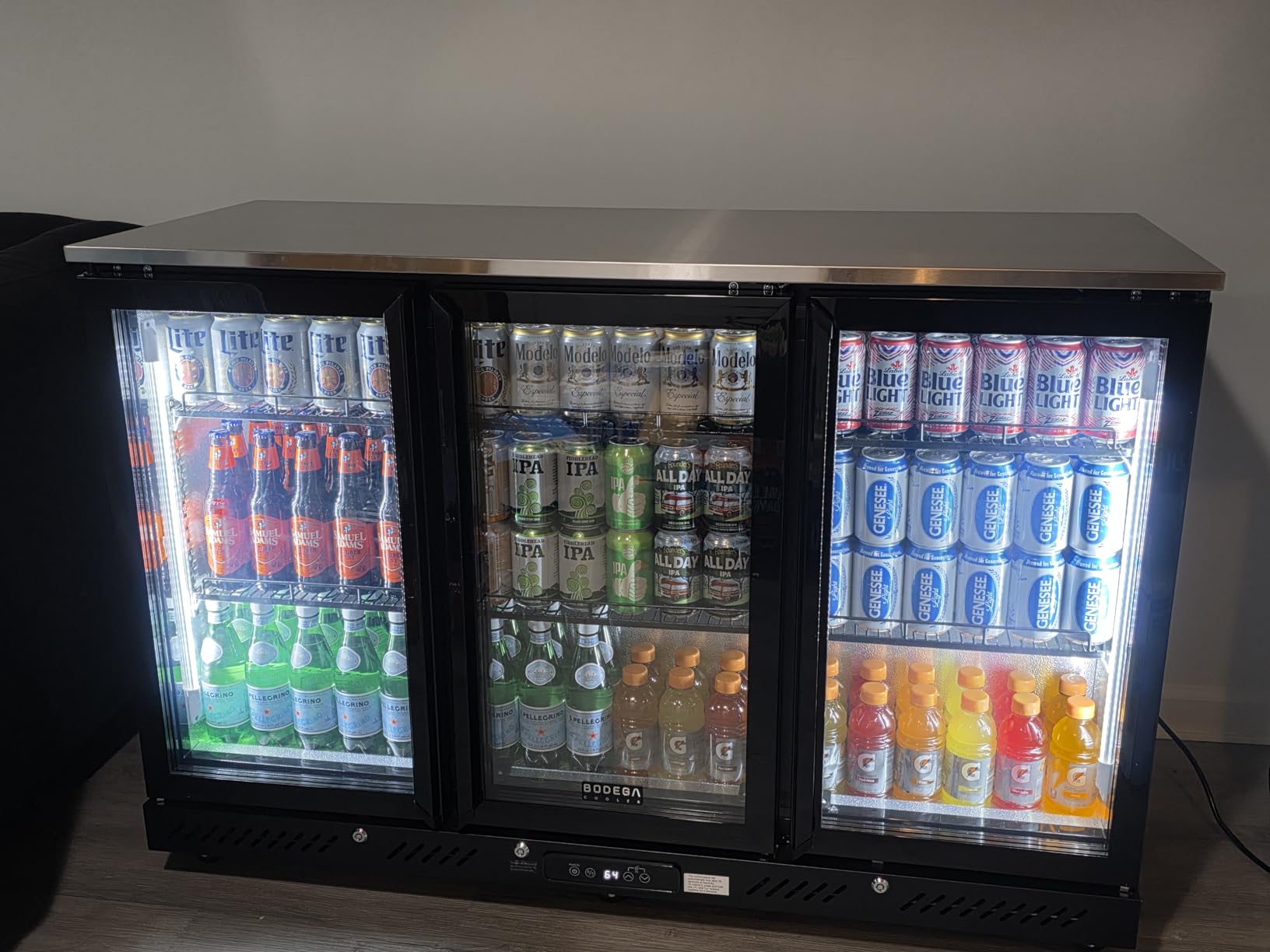 BODEGACOOLER Commercial Bar Cooler With 3 Glass Doors,12 Cu.Ft Counter Height Back Beverage Refrigerator,Display Bar Fridge with LED Lighting,Beverage Cooler for Beer Stainless Steel Top,With Casters customer photo 2