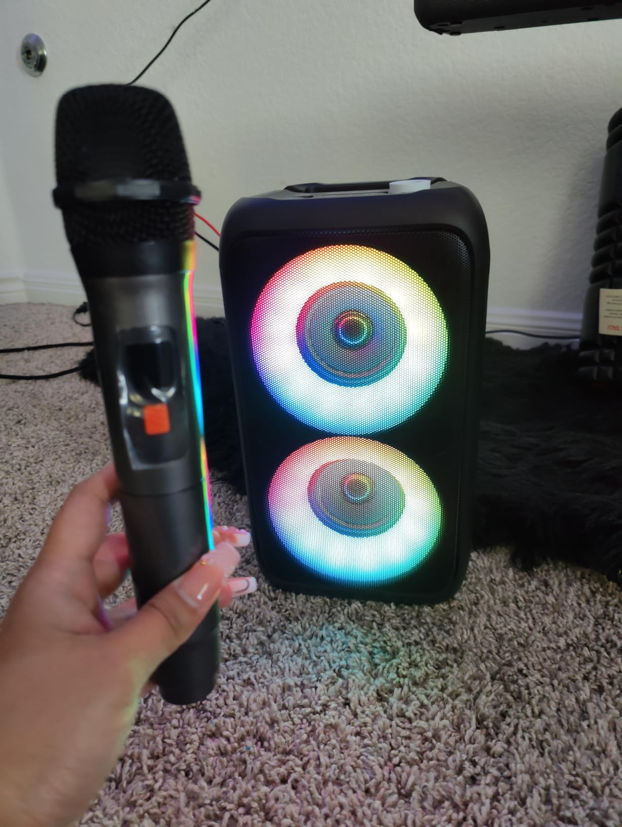 Bluetooth Speaker with 2 Wireless Microphones - Big Party Speaker for Adults Kids Karaoke with Lights - Portable Rechargeable Floorstanding Speakers Support TWS/AUX/USB/TF Card for Home Party Gift customer photo 2
