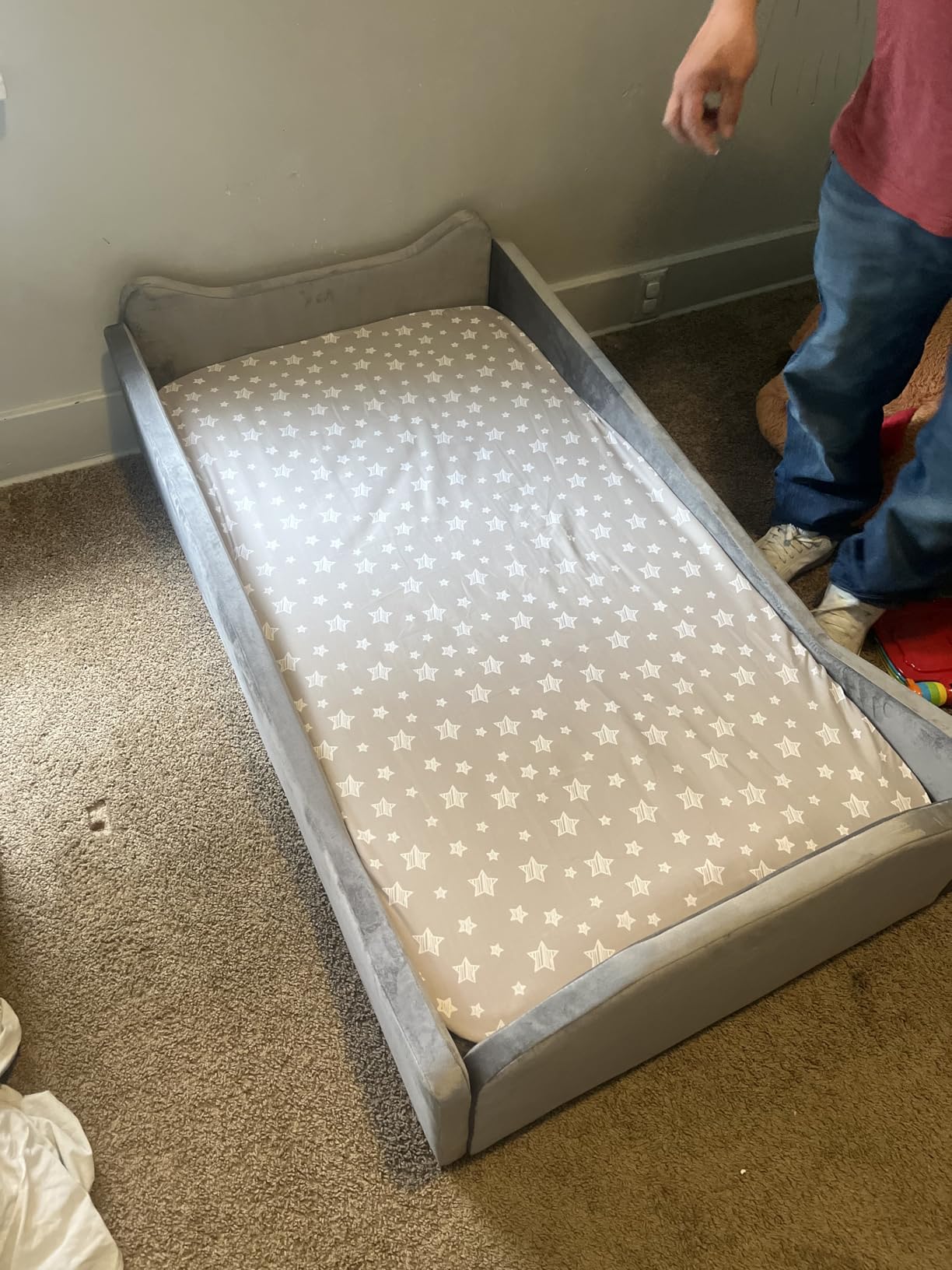 JOYMOR Toddler Bed, Floor Bed with Safety Guadrail, Montessori Toddler Bed with Animal Ear Shapes, Soft Velvet Wood Bed for Infant, Kids, Mattress not Included (Gray) customer photo 2