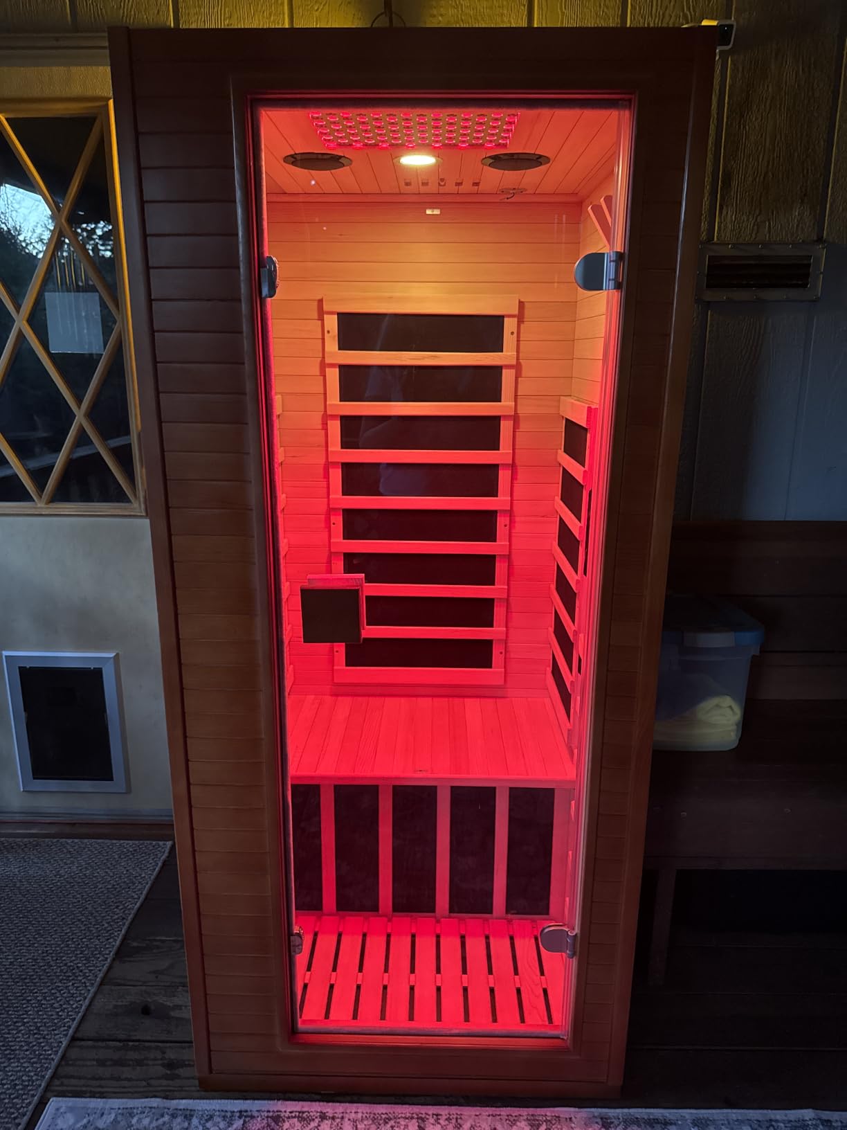 Real Relax Infrared Sauna with 660 & 850nm Red Light Therapy, Full Spectrum Sauna with 7 Heater, 1290w 120v, Fast Heat-Up, 1 Person Canadian Hemlock Wood Dry Sauna for Indoor, Home Gym, 31.5*30.3*67