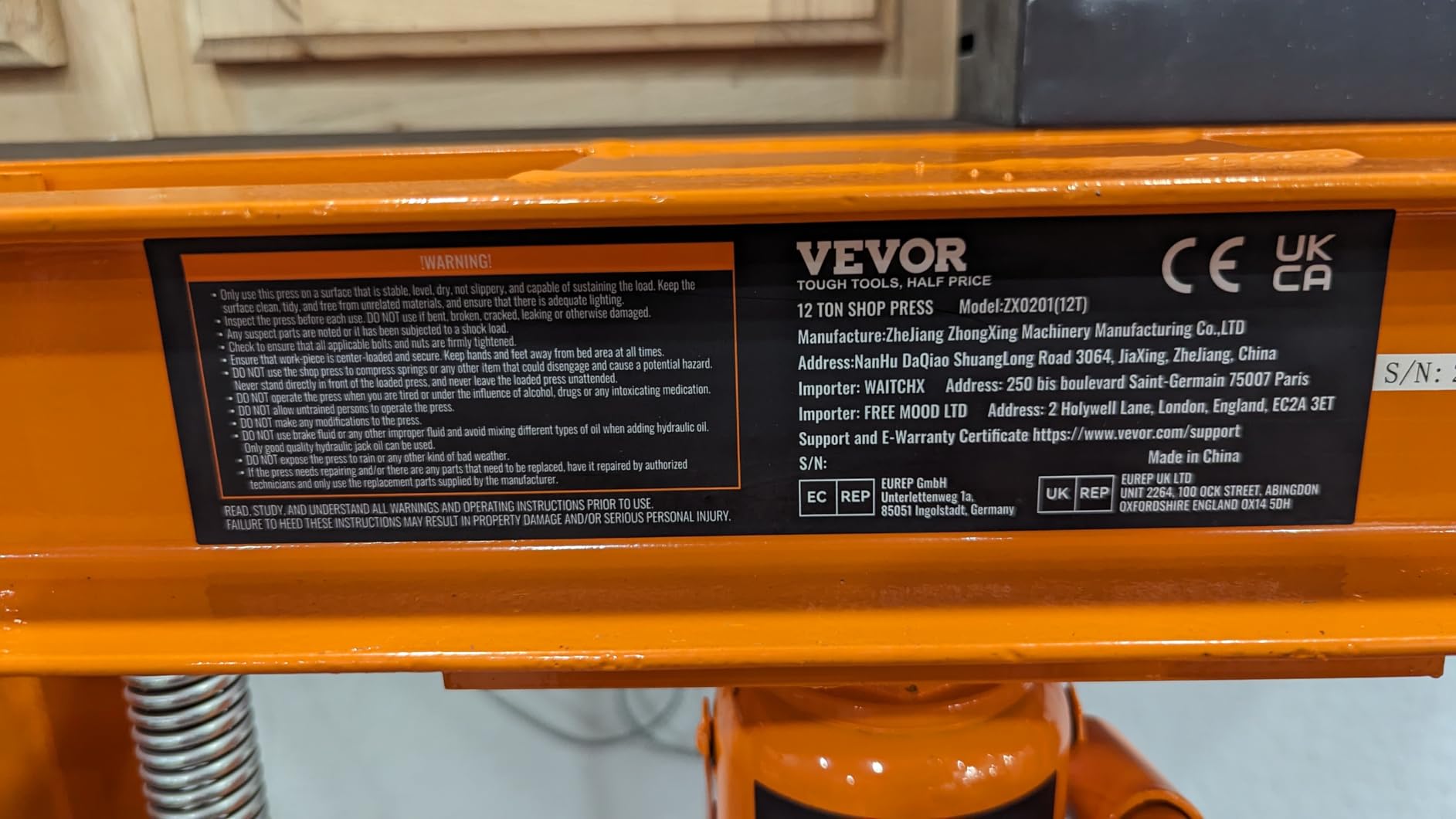VEVOR 20-Ton Hydraulic Shop Press, H-Frame Manual/Pneumatic Shop Press customer photo 1