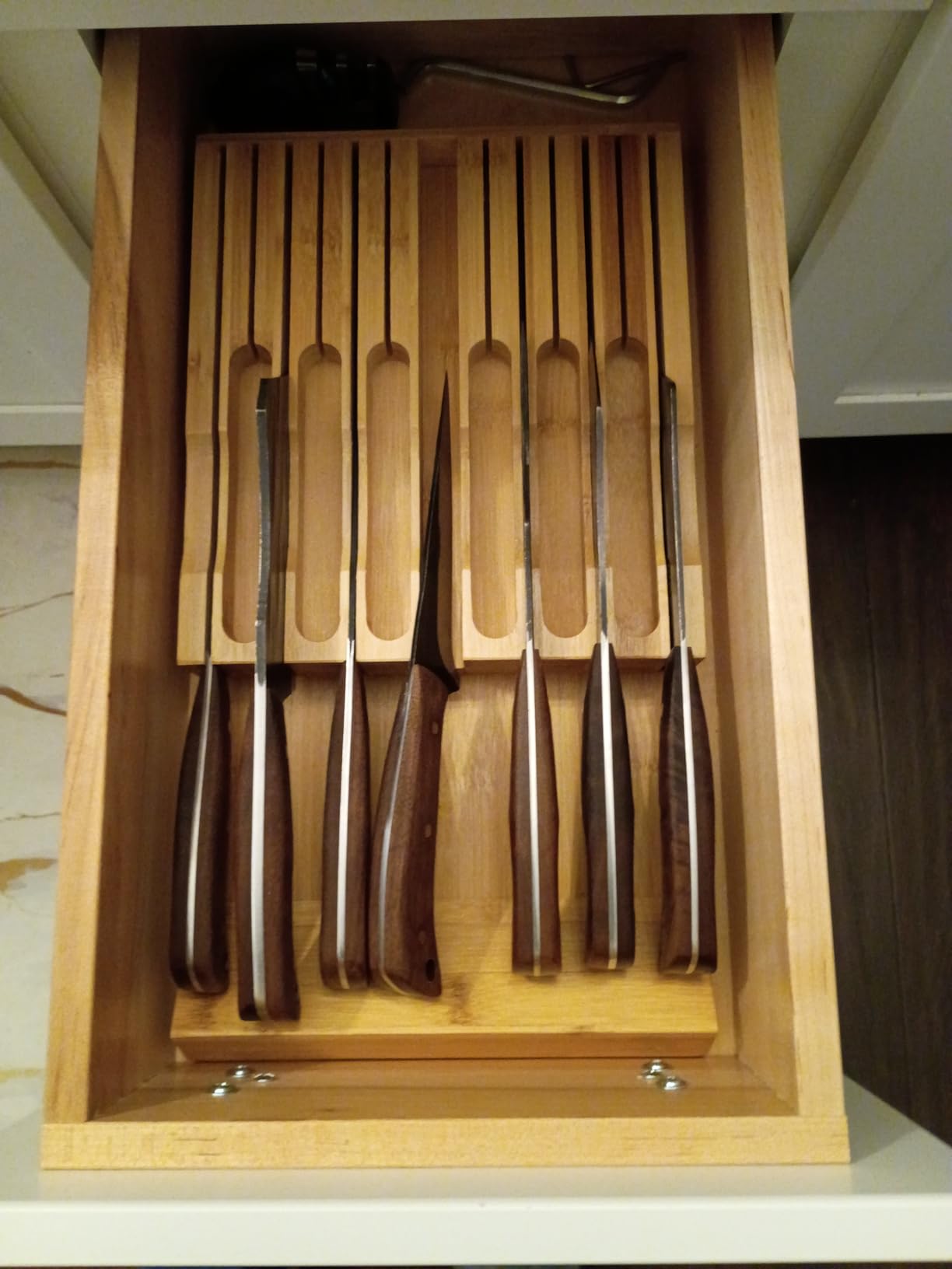VaeFae Bamboo Knife Drawer Organizer, Knife Drawer Organizer Insert, Kitchen Drawer Knife Block for 12 Knives and a PLUS Slot for your Knife Sharpener (Without Knives) customer photo 2