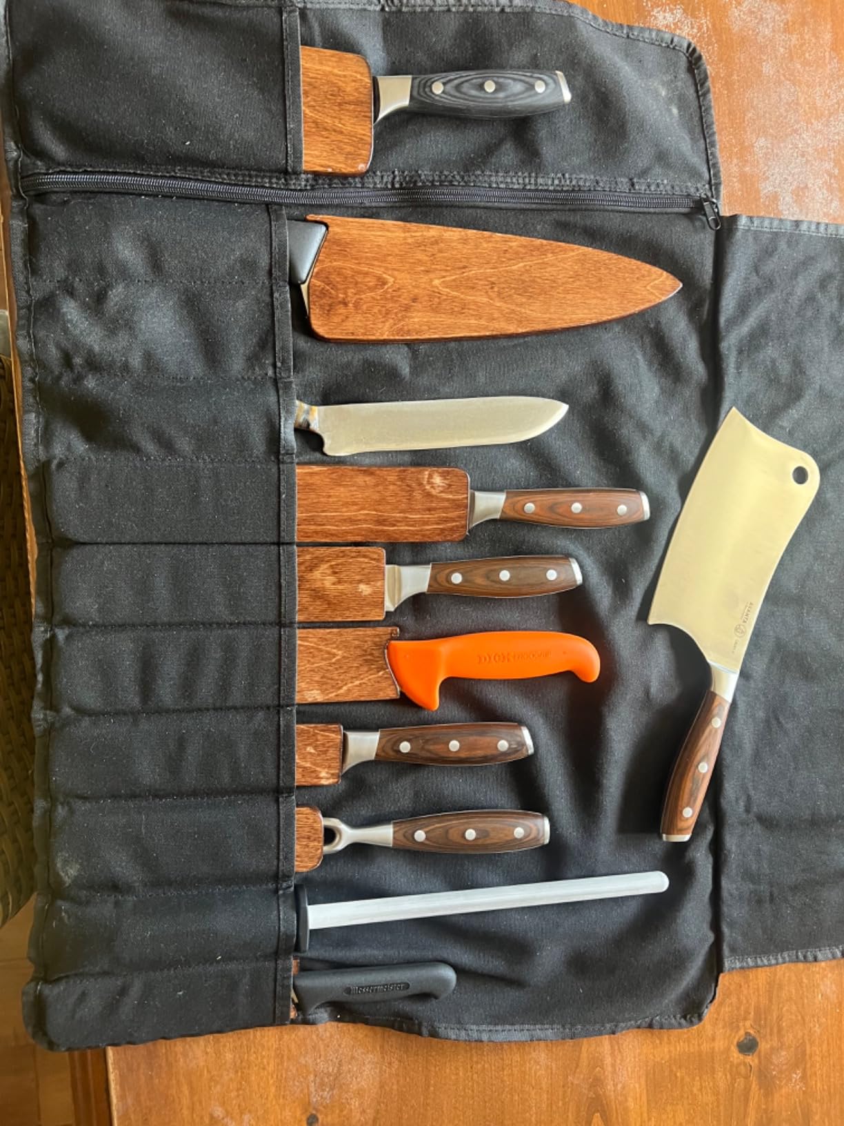 lelezone Chef Knife Roll Bag,Waterproof Waxed Canvas Knife Case Holds,Knives Roll Bags for Chefs Professional with Adjustable Strap,Chef Backpack with 11 Knife Slots and a Large Zippered Pocket customer photo 2